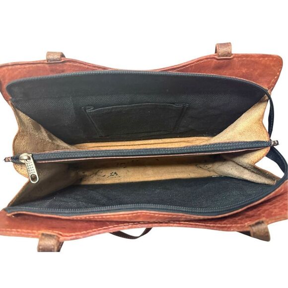 Vintage Brown Leather Tote Shoulder Bag 3D Design Zip Closure - Picture 6 of 8